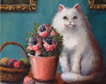 Peinture acrylique originale représentant un chat : Chat blanc duveteux avec des fleurs, 20 x 20 cm (Signée)