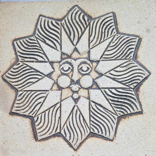 Vintage 1970s John Wenzel Studio Pottery Sun Face Tile, Mid Century Celestial Stoneware Plaque