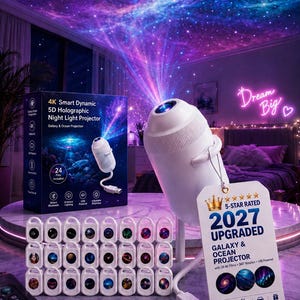 May include: A white 4K smart dynamic 5D holographic night light projector with a USB power cable. The device includes 24 film slides featuring galaxy and ocean themes, a 360-degree rotation feature, adjustable brightness, and a remote control.