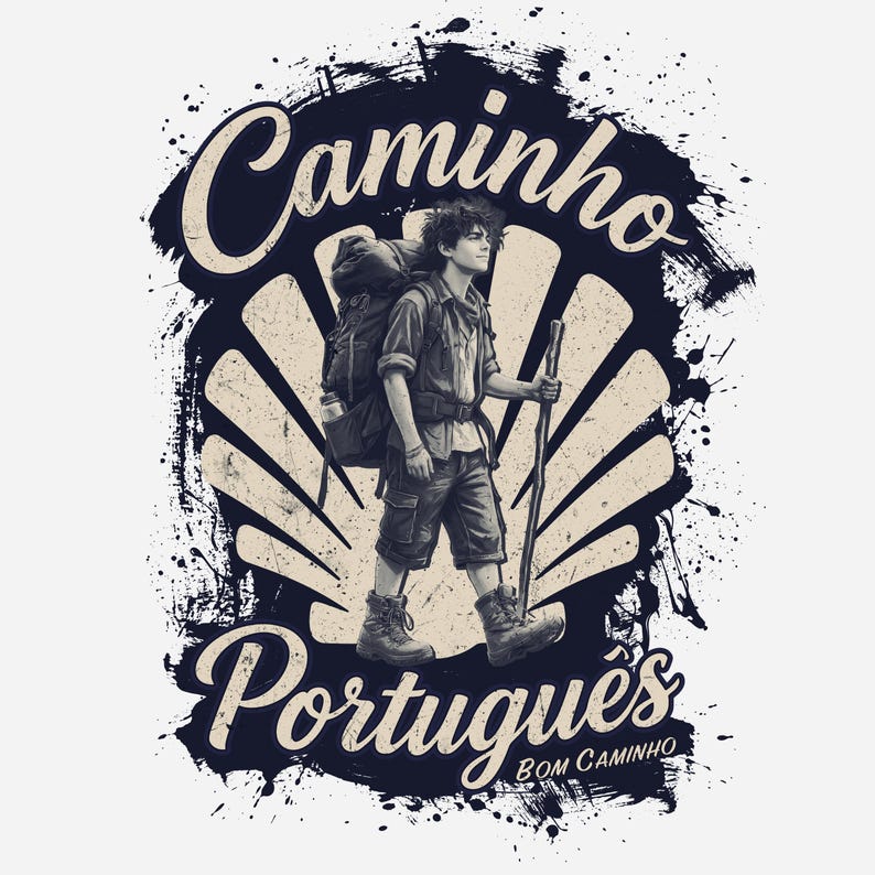 May include: A graphic illustration of a hiker with a large backpack and walking stick, centred over a stylised scallop shell. The text reads "Caminho Portugu&ecirc;s" and "BOM CAMINHO" in a dark, distressed ink-splatter style on a light background.