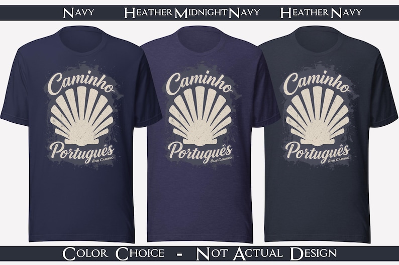 May include: Three short-sleeved t-shirts in navy, heather midnight navy, and heather navy colours. Each shirt features a central graphic of a beige scallop shell with the text "Caminho Portugu&ecirc;s" and "Bom Caminho" printed in a distressed white font.