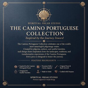K&ouml;nnte beinhalten: Eine dunkelblaue Informationsgrafik mit goldenem Text und Randdetails. Sie enth&auml;lt den Text Spiritual Freak Studio, The Camino Portuguese Collection und Inspired by the Journey Inward sowie eine Liste von Highlights und Symbolen.