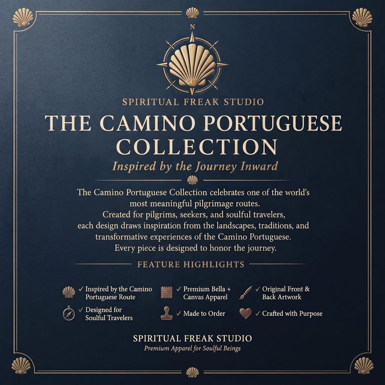 May include: A dark blue informational graphic with gold text and border details. It features the text Spiritual Freak Studio, The Camino Portuguese Collection, and Inspired by the Journey Inward, along with a list of feature highlights and icons.