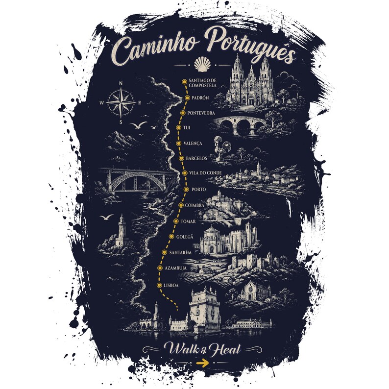 May include: A dark navy graphic print featuring a map of the Caminho Portugu&ecirc;s route. It displays a yellow dotted path connecting cities from Lisbon to Santiago de Compostela, with detailed illustrations of landmarks, a compass, and the text Walk & Heal.