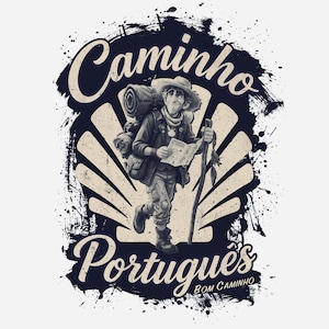May include: A graphic illustration featuring a hiker with a backpack, hat, and walking stick, holding a map. The design includes a scallop shell background, ink splatter effects, and the text "Caminho Portugu&ecirc;s" and "Bom Caminho".