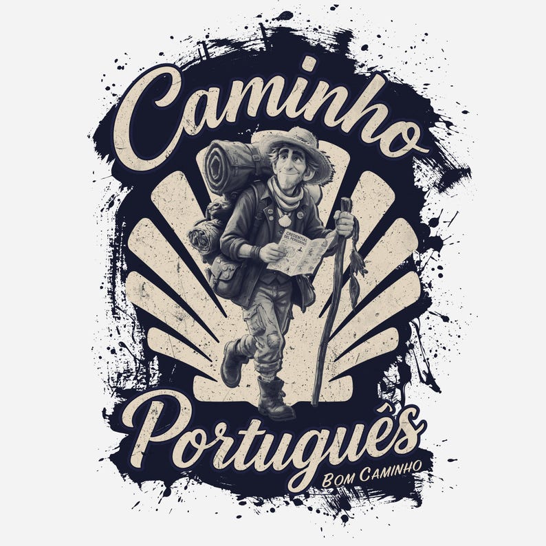 May include: A graphic illustration featuring a hiker with a backpack, hat, and walking stick, holding a map. The design includes a scallop shell background, ink splatter effects, and the text "Caminho Portugu&ecirc;s" and "Bom Caminho".