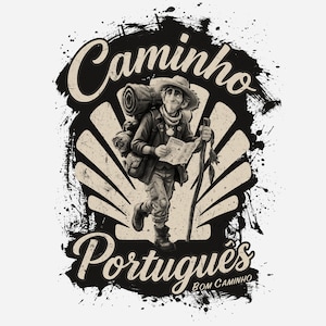 May include: A graphic illustration of a hiker with a backpack, hat, and walking stick, holding a map. The design features a scallop shell background, ink splatter effects, and the text "Caminho Portugu&ecirc;s" and "Bom Caminho" in a vintage font.