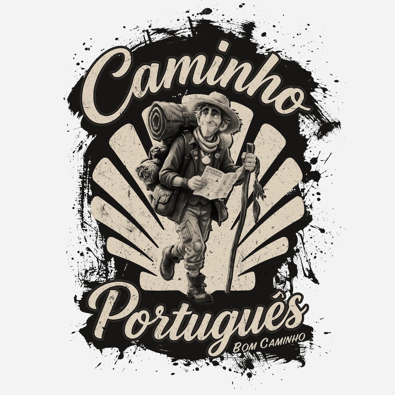 May include: A graphic illustration of a hiker with a backpack, hat, and walking stick, holding a map. The design features a scallop shell background, ink splatter effects, and the text "Caminho Portugu&ecirc;s" and "Bom Caminho" in a vintage font.