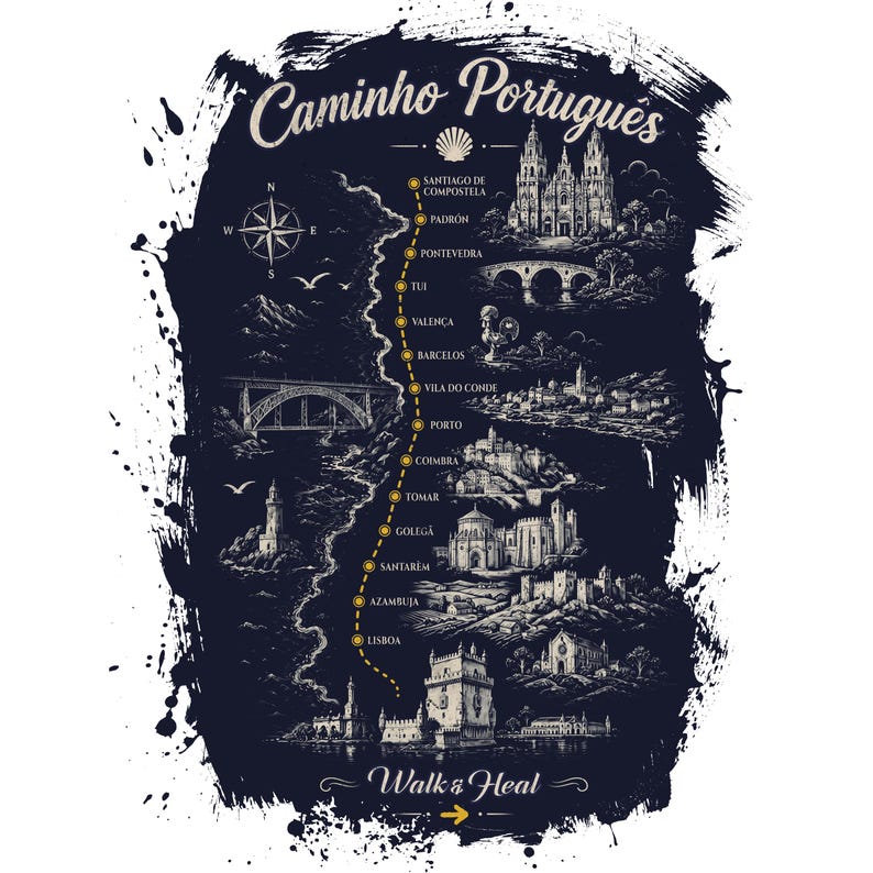 May include: A dark navy graphic print featuring a map of the Caminho Portugu&ecirc;s route. It displays a yellow dotted path connecting cities from Lisbon to Santiago de Compostela, with detailed illustrations of landmarks, a compass, and the text Walk & Heal.