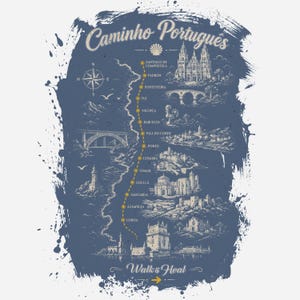 May include: A blue graphic print featuring a map of the Caminho Portugu&ecirc;s pilgrimage route. The design includes a yellow dotted path connecting cities from Lisbon to Santiago de Compostela, with illustrations of landmarks, a compass, and text.