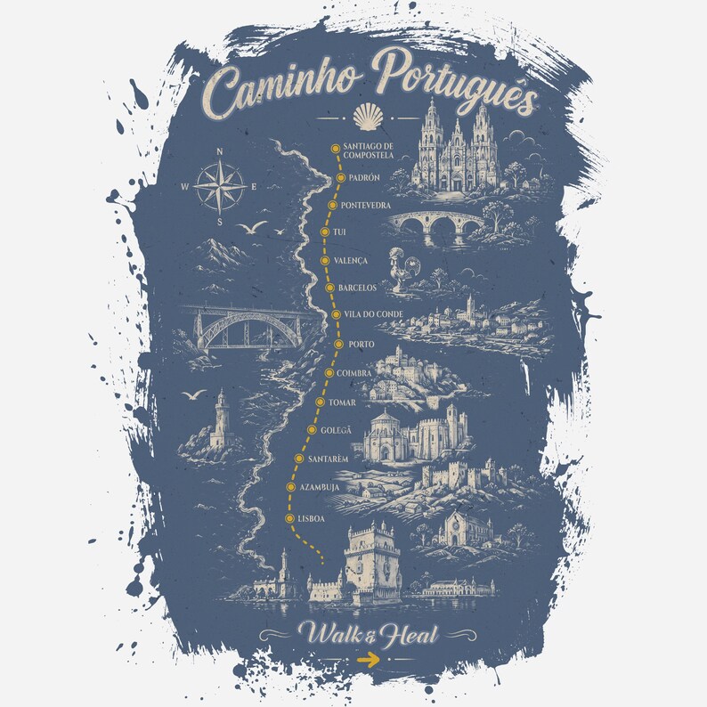May include: A blue graphic print featuring a map of the Caminho Portugu&ecirc;s pilgrimage route. The design includes a yellow dotted path connecting cities from Lisbon to Santiago de Compostela, with illustrations of landmarks, a compass, and text.