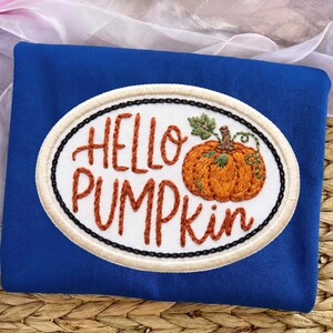 Hola, campo de calabazas PNG, diseño de calabaza ovalada con bordado falso, descarga digital por sublimación, Halloween Otoño PNG