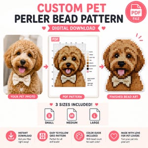 Puede incluir: Una descarga digital para un patrón de cuentas Perler personalizado para mascotas. La imagen muestra la foto de un perro marrón con pajarita, un patrón PDF basado en cuadrícula con leyenda de color y el arte final. Incluye tres tamaños.