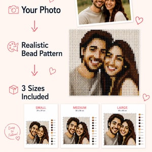 May include: A digital download guide for creating a realistic bead pattern from a photo. The guide includes three sizes: small 29 x 29 cm, medium 38 x 38 cm, and large 48 x 48 cm. It features a sample portrait of a couple and a color-coded bead chart.