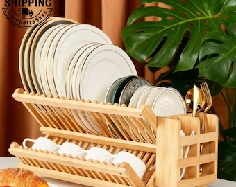 Handmade Bamboo Dish Drying Rack - Collapsible 2 Tier Wooden Dish Drainer - Foldable Kitchen Counter Organizer - Space Saving Counter Decor