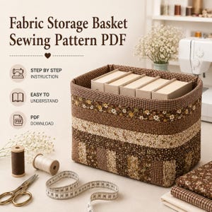 May include: A rectangular fabric storage basket with a brown and beige patchwork design, filled with four books. Text reads: Fabric Storage Basket Sewing Pattern PDF, STEP BY STEP INSTRUCTION, EASY TO UNDERSTAND, PDF DOWNLOAD. Includes thread and scissors.