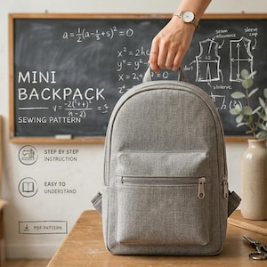 May include: A light grey mini backpack with a front zippered pocket and a main compartment. The text on the background reads MINI BACKPACK SEWING PATTERN, STEP BY STEP INSTRUCTION, EASY TO UNDERSTAND, and PDF PATTERN, alongside sewing diagrams.