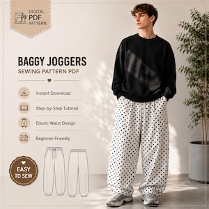 Peut inclure: Un patron de couture numérique PDF pour pantalon de jogging ample, avec un sweat-shirt noir à manches longues et un pantalon blanc à pois noirs. Le texte indique Baggy Joggers Sewing Pattern PDF, Instant Download, Step-by-Step Tutorial, Elastic Waist Design, Beginner Friendly et Easy to Sew.