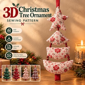 Puede incluir: Un patrón de costura para adorno de árbol de Navidad en 3D que muestra una decoración colgante de cuatro segmentos de tela rellenos en forma de estrella, triángulo y media luna con estampado de flores de pascua rojas y blancas y cuentas rojas.