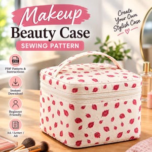 May include: A square makeup beauty case sewing pattern featuring a cream-colored fabric with a repeating pattern of small red leaves. The case has a top handle and a zippered closure. Text on the image includes Makeup Beauty Case SEWING PATTERN.