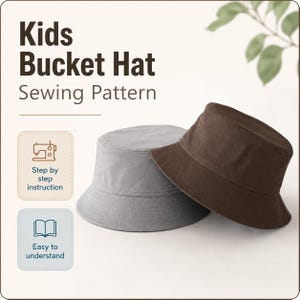 Könnte beinhalten: Ein Schnittmuster für einen Kinder-Anglerhut mit dem Text Kids Bucket Hat Sewing Pattern, Step by step instruction und Easy to understand. Es sind zwei Anglerhüte abgebildet, einer in Grau und einer in Dunkelbraun.