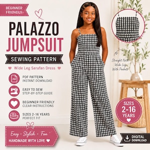 May include: A black and white gingham palazzo jumpsuit sewing pattern for sizes 2-16 years. The design features a straight neckline, thin straps, and wide legs with pockets. The digital PDF pattern includes step-by-step instructions.