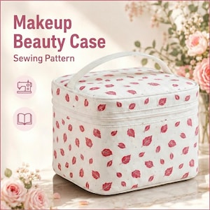 May include: A square makeup beauty case sewing pattern featuring a white fabric base with a repeating pattern of small red leaves. The case has a top handle, a zippered closure, and the text Makeup Beauty Case Sewing Pattern is visible.