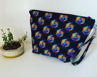 Project Bag for Knitting | Crochet | Embroidery | Cross Stitch | Sewing | D20  Dungeons and Dragons Blue Pink Purple with wristlet strap