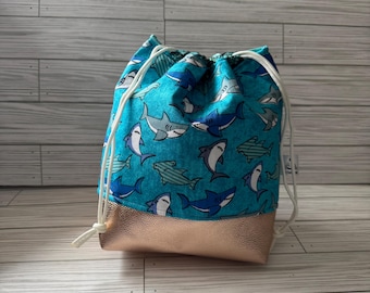 MEDIUM Size Drawstring Bag for Knitting | Crochet | Embroidery | Cross Stitch | Sewing | Project Bag | Yarn Tote | Shark Ocean Sea life