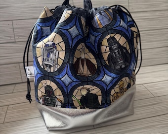 LARGE Drawstring Bag for Knitting | Crochet | Embroidery | Cross Stitch | Sewing | Project Bag | Yarn Tote | Galaxy Characters Stained Glass
