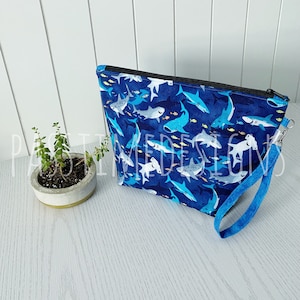 Project Bag for Knitting | Crochet | Embroidery | Cross Stitch | Sewing | Shark blue fish sea life ocean whale with wristlet strap