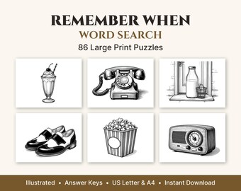 Remember When Word Search Large Print, 50 Illustrated Puzzles + 36 Bonus, Printable PDF for Adults & Seniors, US Letter and A4