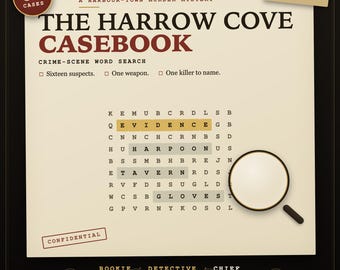 Murder Mystery Word Search Printable | The Harrow Cove Casebook | 60 Detective Cases You Actually Solve | Large Print | Letter + A4 PDF