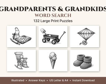 Mots mêlés sur le thème des grands-parents et des petits-enfants, gros caractères, 50 grilles illustrées + 82 bonus, PDF imprimable pour adultes et seniors, formats US Letter et A4