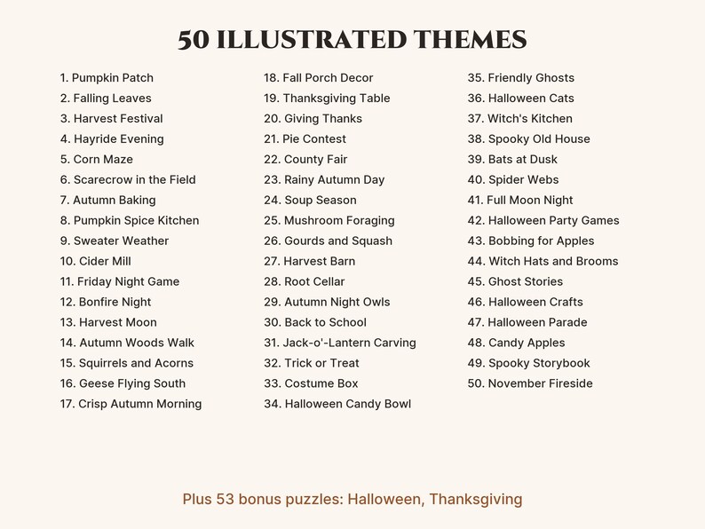Caça-palavras de Outono e Halloween em Letra Grande, 50 Quebra-cabeças Ilustrados + 53 Bônus, PDF para Imprimir para Adultos e Idosos, Formato Carta (EUA) e A4 imagem 5