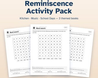 Dementia Reminiscence Therapy Pack | 3 Large Print Activity Books (Kitchen, Music, School Days) (PDF Download)