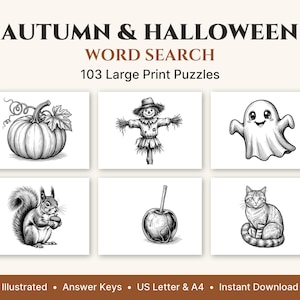 Caça-palavras de Outono e Halloween em Letra Grande, 50 Quebra-cabeças Ilustrados + 53 Bônus, PDF para Imprimir para Adultos e Idosos, Formato Carta (EUA) e A4 imagem 1