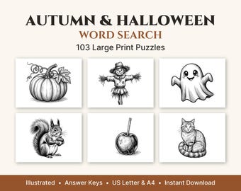Autumn & Halloween Word Search Large Print, 50 Illustrated Puzzles + 53 Bonus, Printable PDF for Adults and Seniors, US Letter and A4