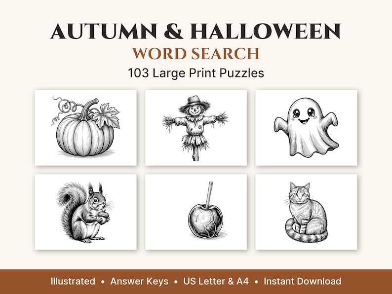 Caça-palavras de Outono e Halloween em Letra Grande, 50 Quebra-cabeças Ilustrados + 53 Bônus, PDF para Imprimir para Adultos e Idosos, Formato Carta (EUA) e A4 imagem 1