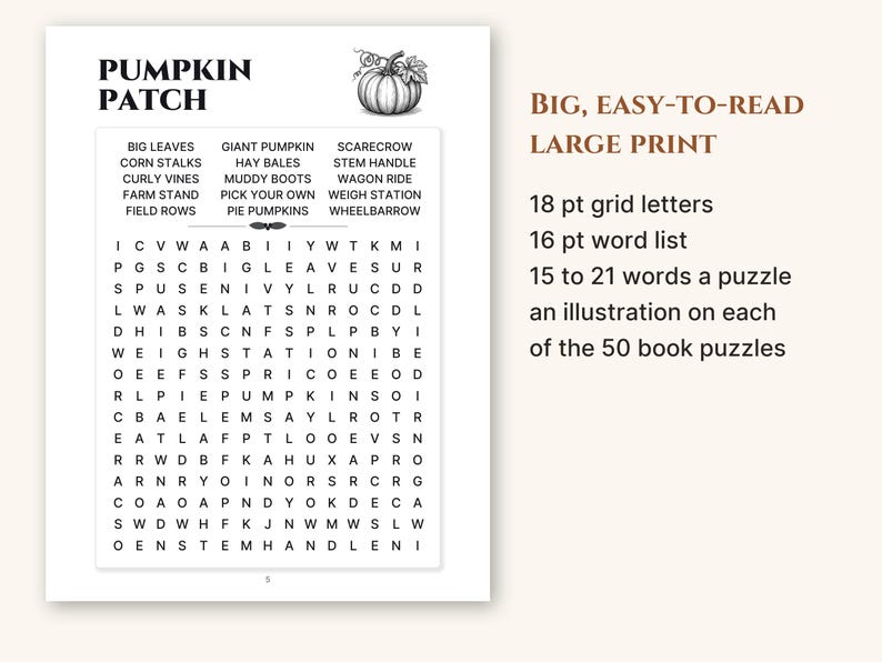 A full puzzle page showing 18 pt grid letters and a 16 pt word list