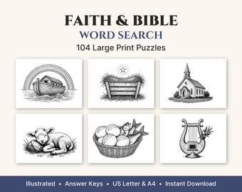 Mots mêlés sur la foi et la Bible, gros caractères, 50 grilles illustrées + 54 bonus, PDF imprimable pour adultes et seniors, formats US Letter et A4