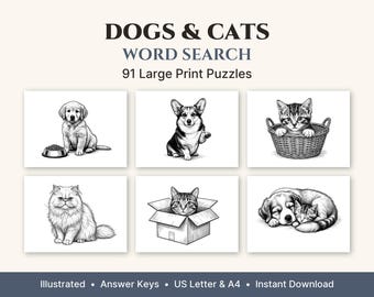 Dogs & Cats Word Search Large Print, 50 Illustrated Puzzles + 41 Bonus, Printable PDF for Adults and Seniors, US Letter and A4