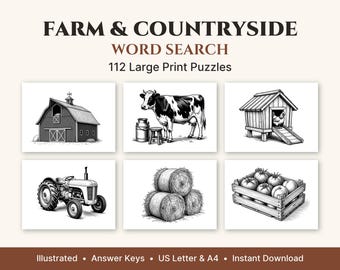 Woordzoekpuzzel 'Boerderij & Platteland' in grote letters, 50 geïllustreerde puzzels + 62 bonuspuzzels, printbaar PDF-bestand voor volwassenen en senioren, US Letter en A4-formaat.