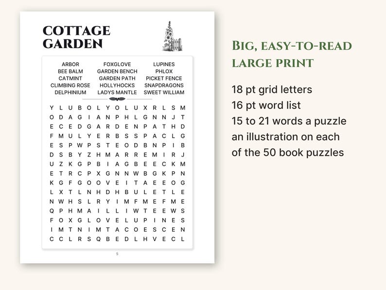 A full puzzle page showing 18 pt grid letters and a 16 pt word list