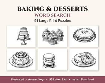 Baking & Desserts Word Search Large Print, 50 Illustrated Puzzles + 41 Bonus, Printable PDF for Adults and Seniors, US Letter and A4