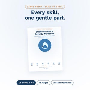 Op de afbeelding: Een wit werkboek voor beroerteherstel met grote letters. De omslag bevat een blauwe cirkel met een wit handpictogram, de titel en kleinere iconen voor hand, visie, geheugen, woorden, denken en het dagelijks leven door Elara Grace.
