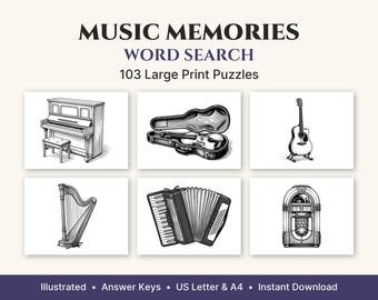 Music Memories Word Search Large Print, 50 Illustrated Puzzles + 53 Bonus, Printable PDF for Adults & Seniors, US Letter and A4