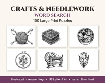 Crafts & Needlework Word Search Large Print, 50 Illustrated Puzzles + 50 Bonus, Printable PDF for Adults and Seniors, US Letter and A4