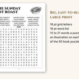 A full puzzle page showing 18 pt grid letters and a 16 pt word list