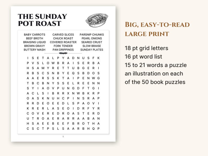 A full puzzle page showing 18 pt grid letters and a 16 pt word list